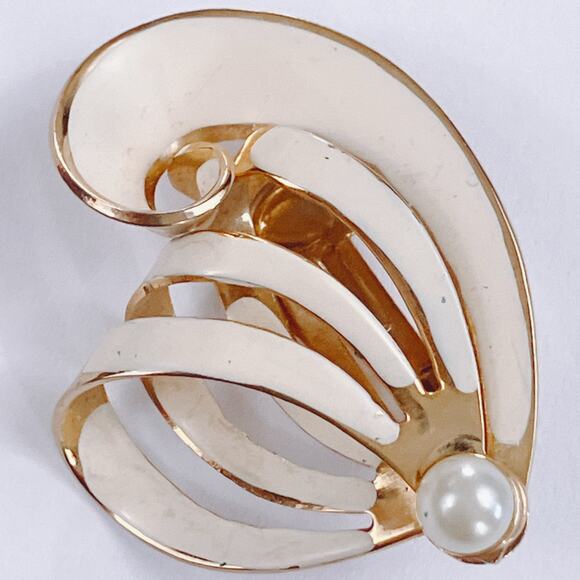 VTG 1980s Clip On Earrings Gold Tone White Enamel Pearl Retro Revival Sculptural - Picture 13 of 14